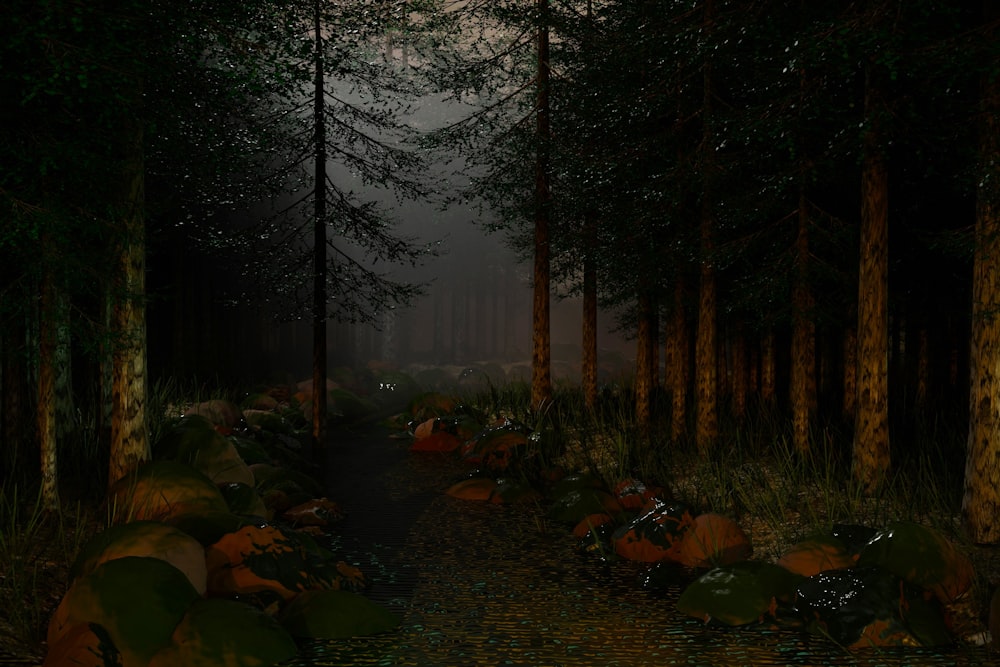 a dark forest with lots of leaves on the ground