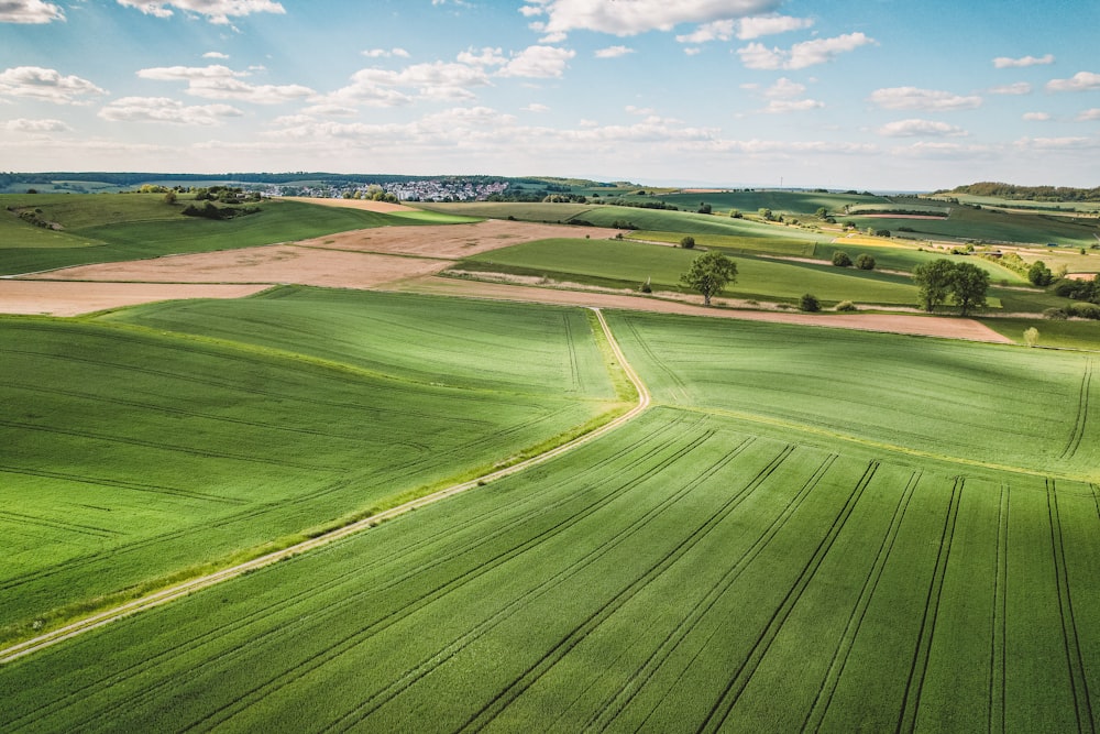 an aerial view of a large green field