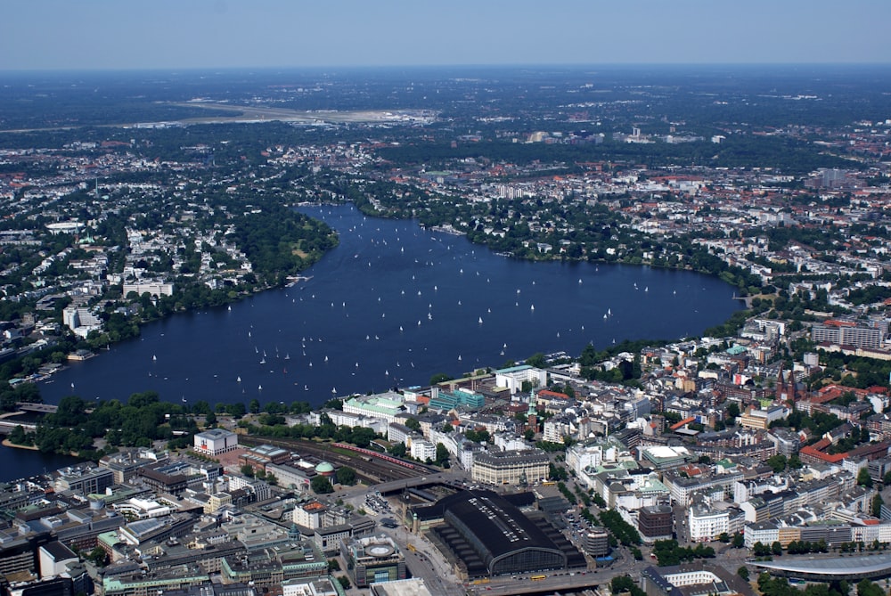 a large body of water surrounded by a city