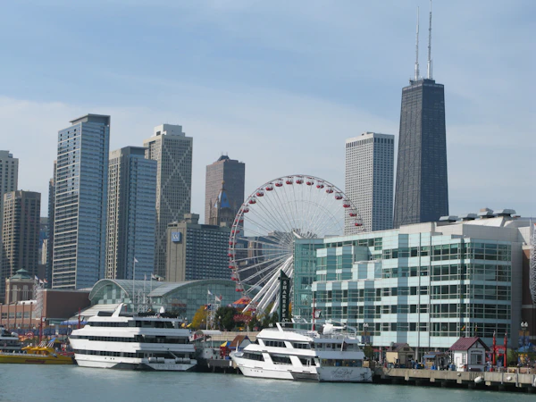 Chicago city skyline with Navy Pier ferris wheel in the foreground