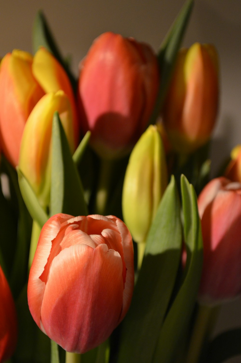 a bunch of orange and yellow tulips in a vase