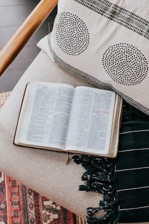 An open book rests on a soft, light-colored fabric surface, alongside a pillow with a geometric circle pattern and a fringed, dark throw blanket. The scene exudes a cozy, inviting atmosphere with a hint of rustic decor from the patterned rug visible at the bottom.