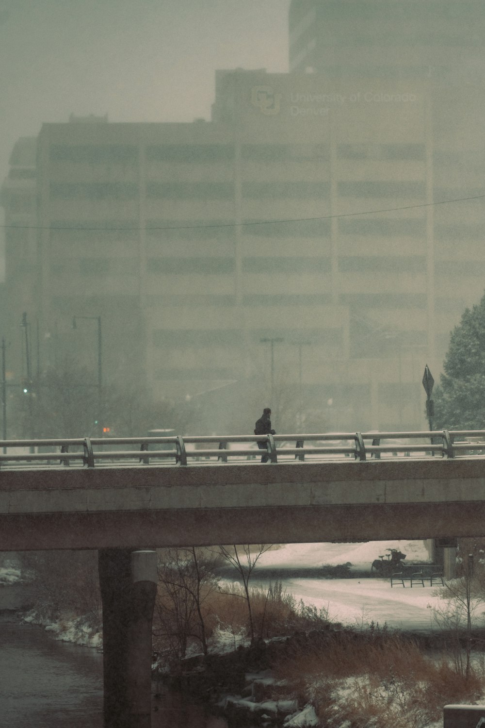 a person walking across a bridge in the snow
