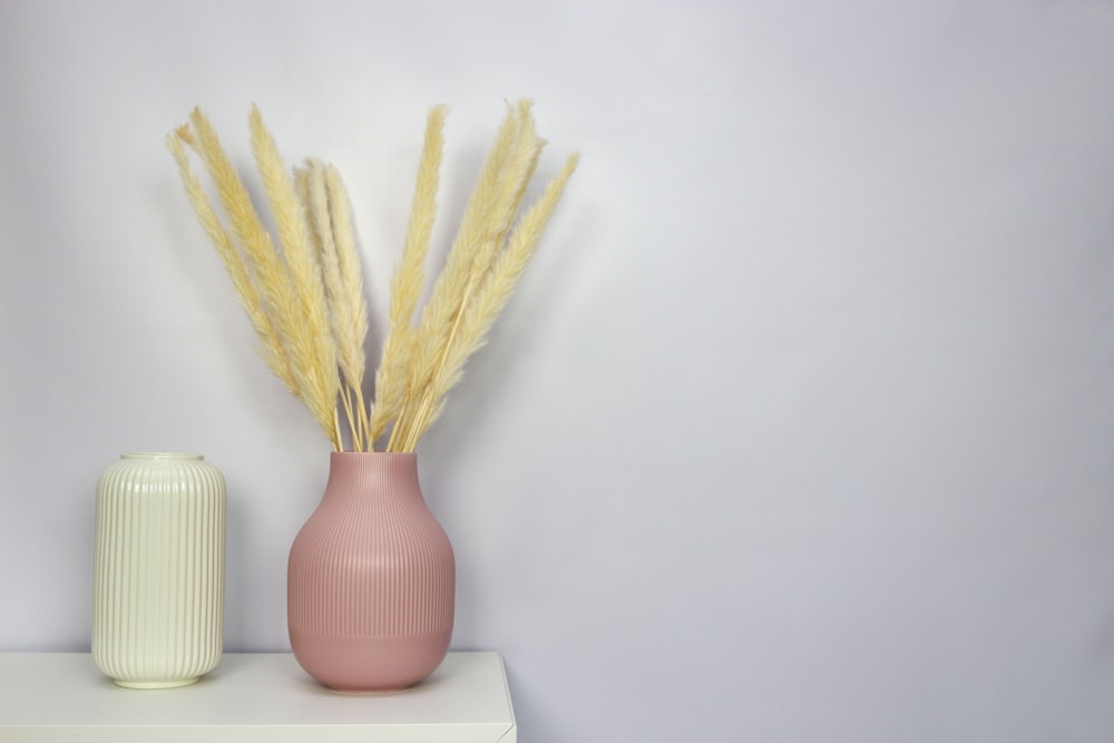 a pink vase sitting next to a white vase