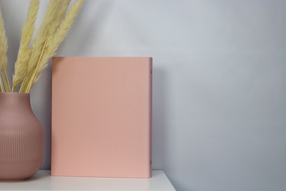 a pink vase sitting on top of a white shelf