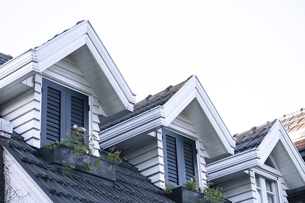 a row of white houses with black shutters