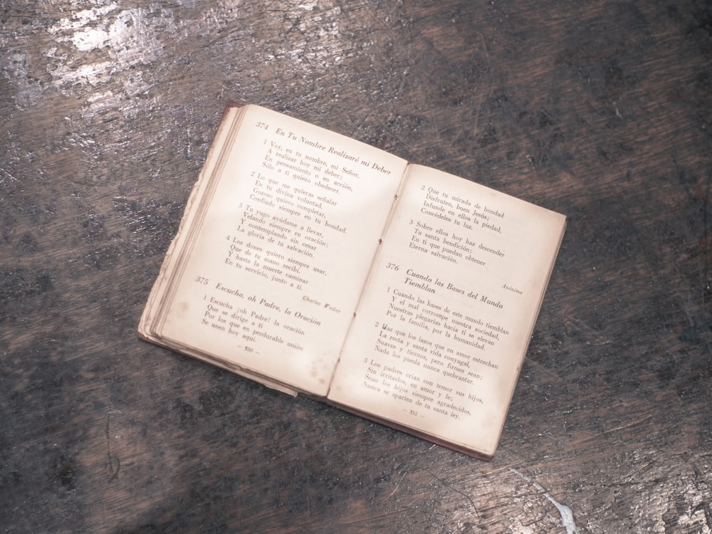 an open book sitting on top of a wooden table