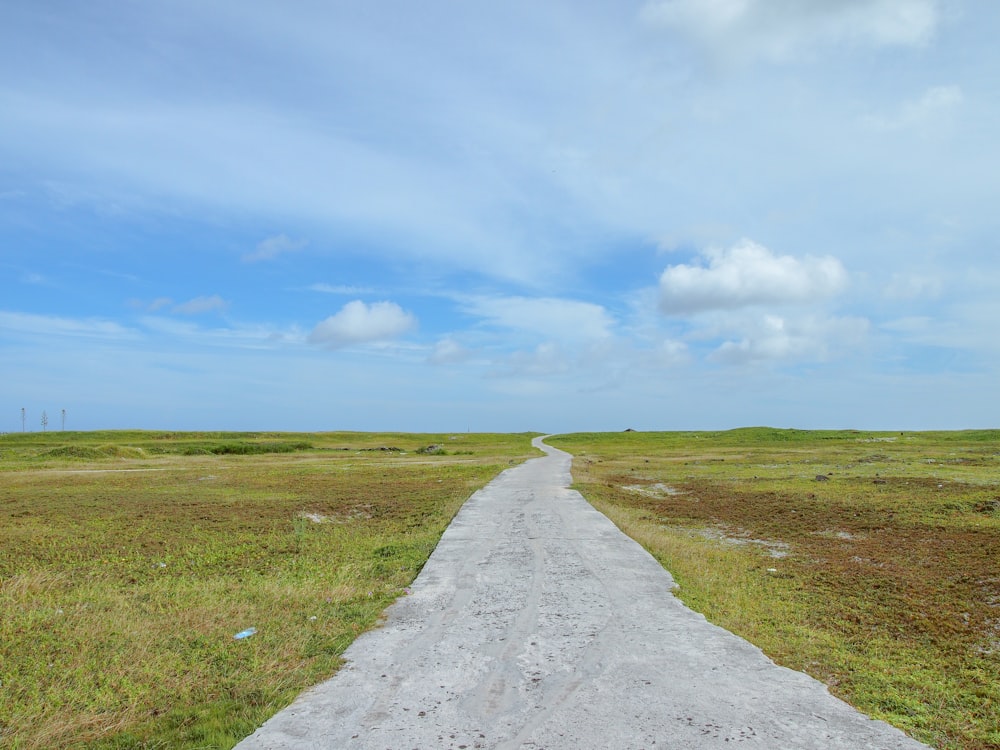 a dirt road in the middle of a grassy field