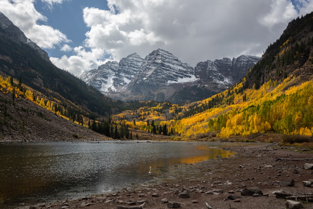 a mountain range with a lake in the foreground