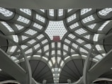 A modern architectural ceiling with an intricate design featuring curved and overlapping segments. The ceiling is made of metal and glass panels arranged in geometric patterns, allowing natural light to filter through. The structure is grand and spacious, with large beams supporting the design.