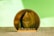 A gold-colored Ethereum coin is positioned upright on a textured surface with a blurred green background. The Ethereum logo and the word 'ethereum' are prominently displayed on the coin.
