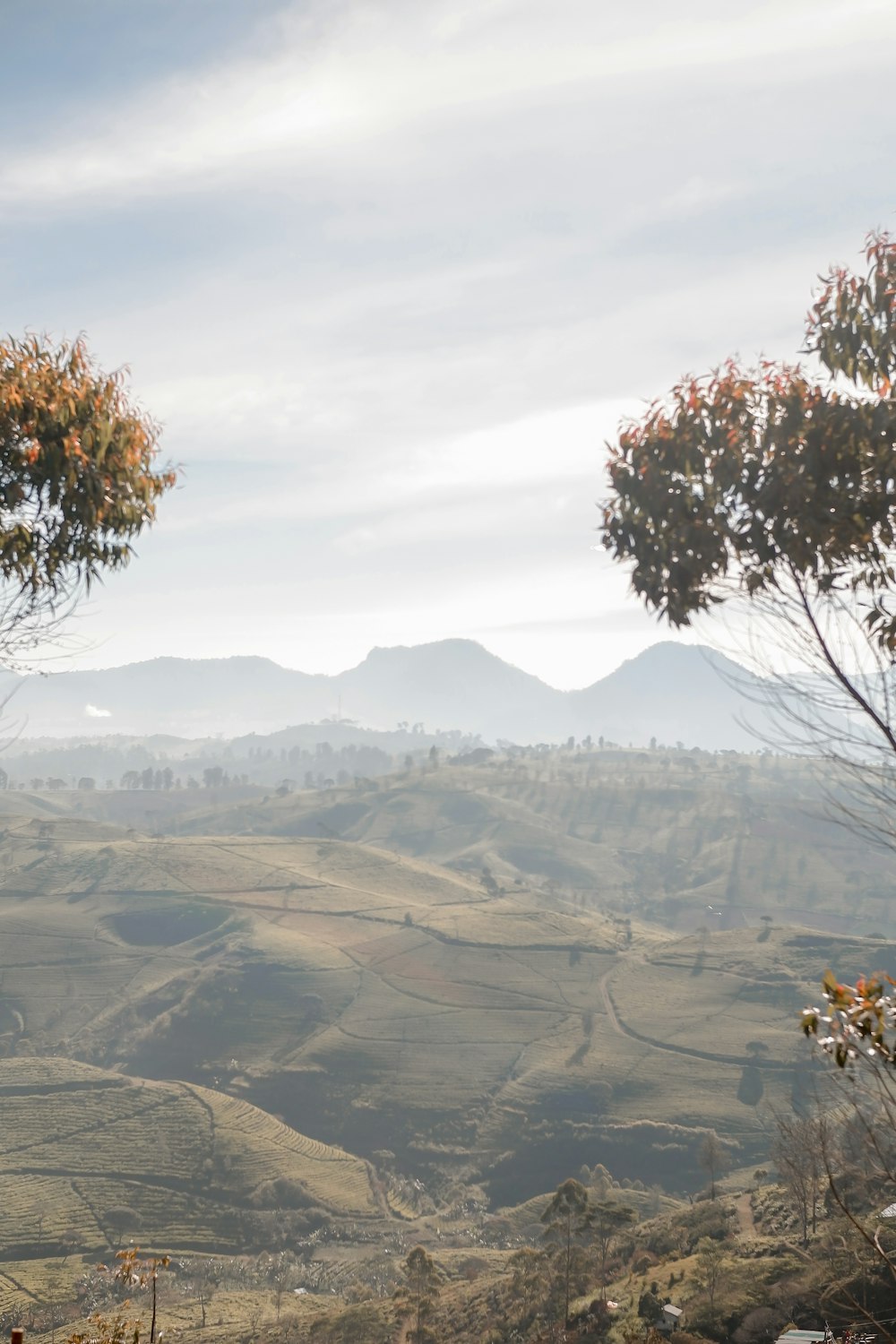 a view of a valley with hills in the distance