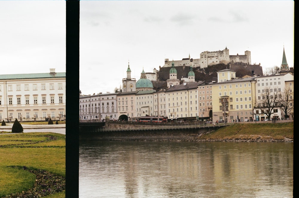 two pictures of a river with buildings in the background