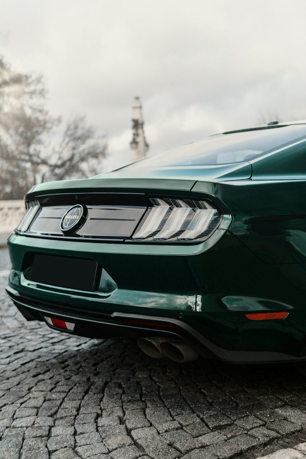 a green mustang parked on a cobblestone road