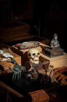 A collection of various objects displayed on a wooden surface, including a detailed human skull, a small figurine of a seated Buddha, a metal figurine of a crab with outstretched claws, and a miniature sculpture of a person sitting in a rickshaw. The display also contains several ornate boxes and trinkets arranged in a slightly cluttered yet carefully curated arrangement. The lighting accentuates the textures and contours of the objects, creating an intriguing and mysterious atmosphere.