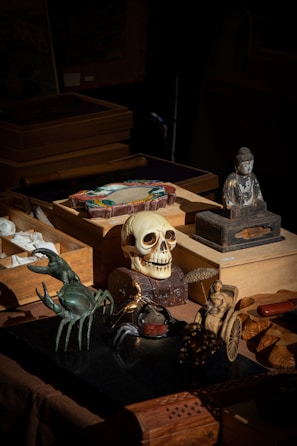 A collection of various objects displayed on a wooden surface, including a detailed human skull, a small figurine of a seated Buddha, a metal figurine of a crab with outstretched claws, and a miniature sculpture of a person sitting in a rickshaw. The display also contains several ornate boxes and trinkets arranged in a slightly cluttered yet carefully curated arrangement. The lighting accentuates the textures and contours of the objects, creating an intriguing and mysterious atmosphere.