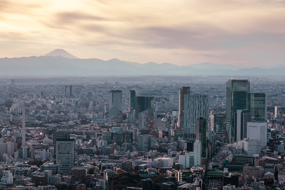 a view of a city with mountains in the background