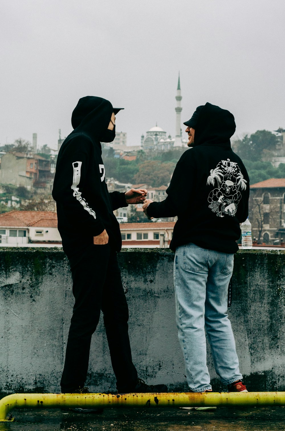 two young men standing on a roof with a city in the background