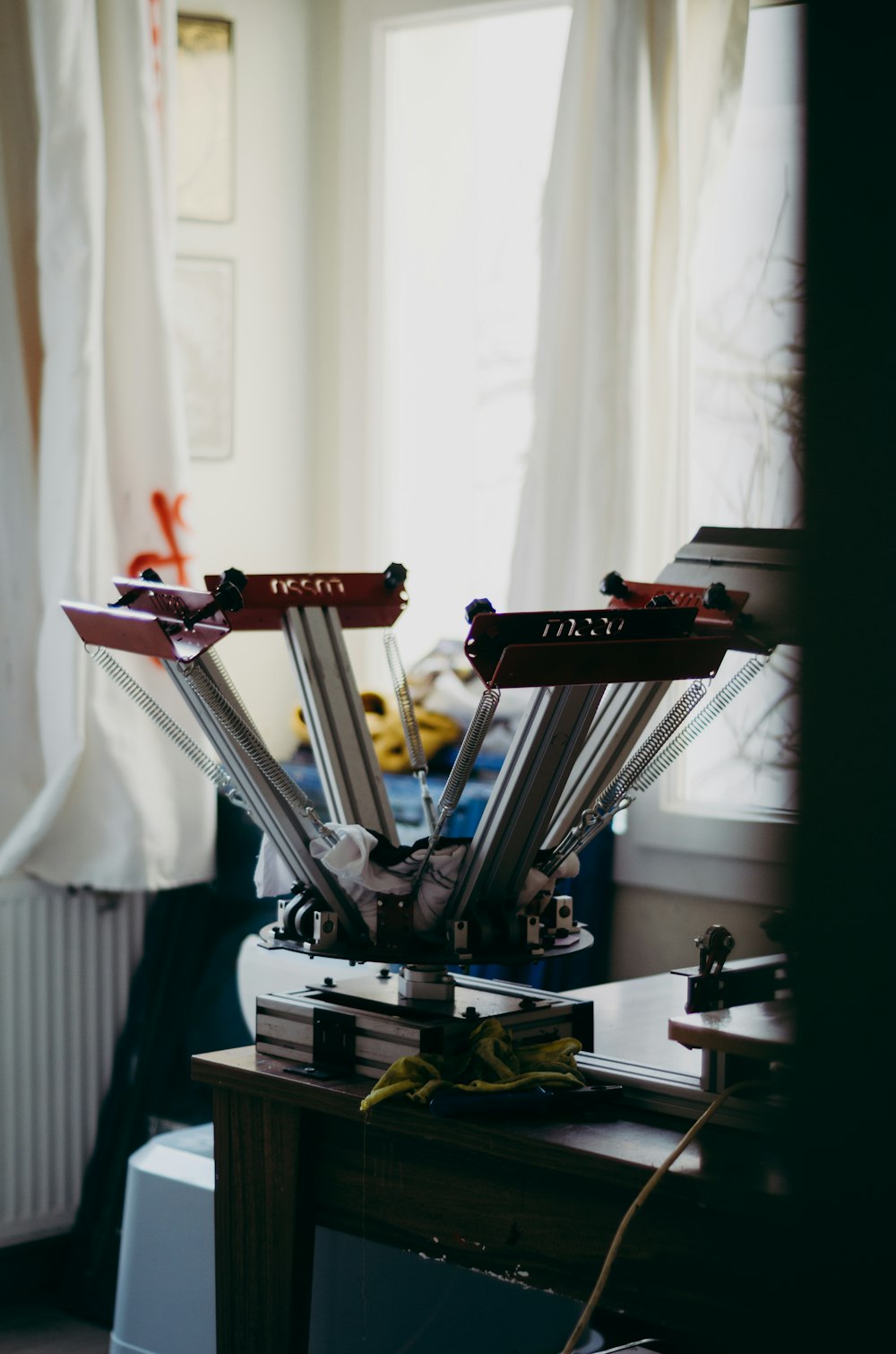 a table with a bunch of skis on top of it