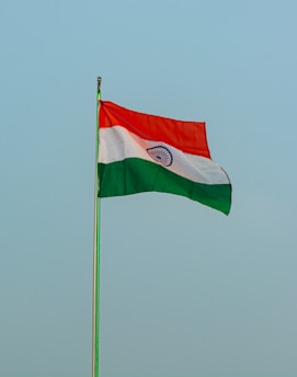 The image features a tricolor flag with horizontal bands of saffron, white, and green. A navy blue wheel with 24 spokes is centered in the white band. The flag is flying against a clear, pale blue sky.