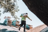 A person is carrying a bag of materials on a roof, with stacks of materials in the background. They are wearing a long-sleeve shirt and a cap. The scene includes tree branches partially framing the top left corner.