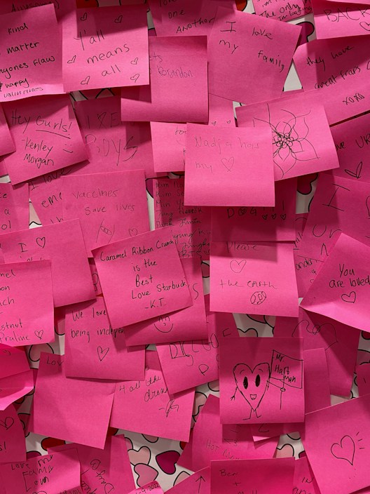 A collection of pink sticky notes, each with handwritten messages and doodles. The notes contain encouraging phrases, expressions of love, and quirky drawings. The notes are layered on top of each other, creating a vibrant and cluttered composition.