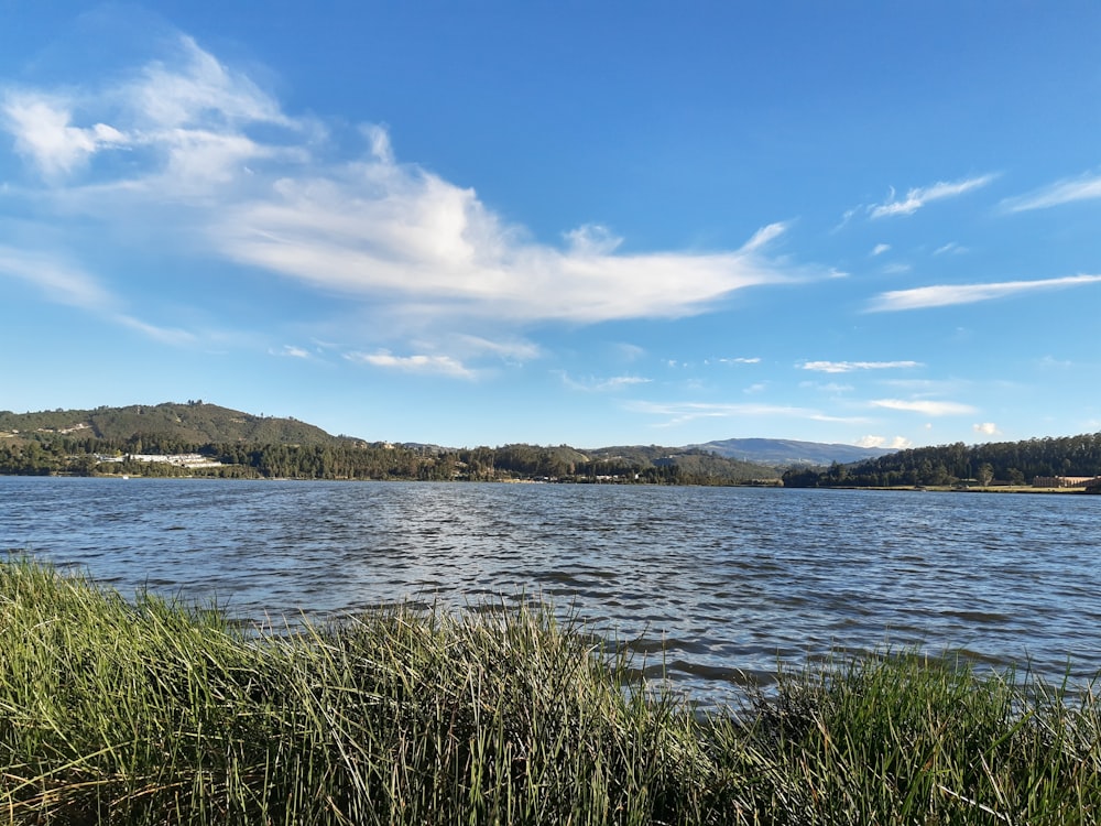 a large body of water surrounded by green grass