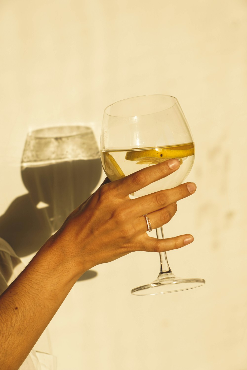 a person holding a glass of wine in their hand