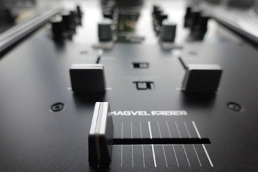 a close up view of a black table top