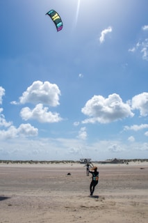 a person is flying a kite on the beach