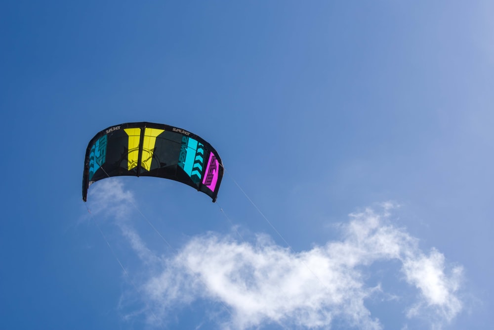 a colorful kite flying through a blue sky