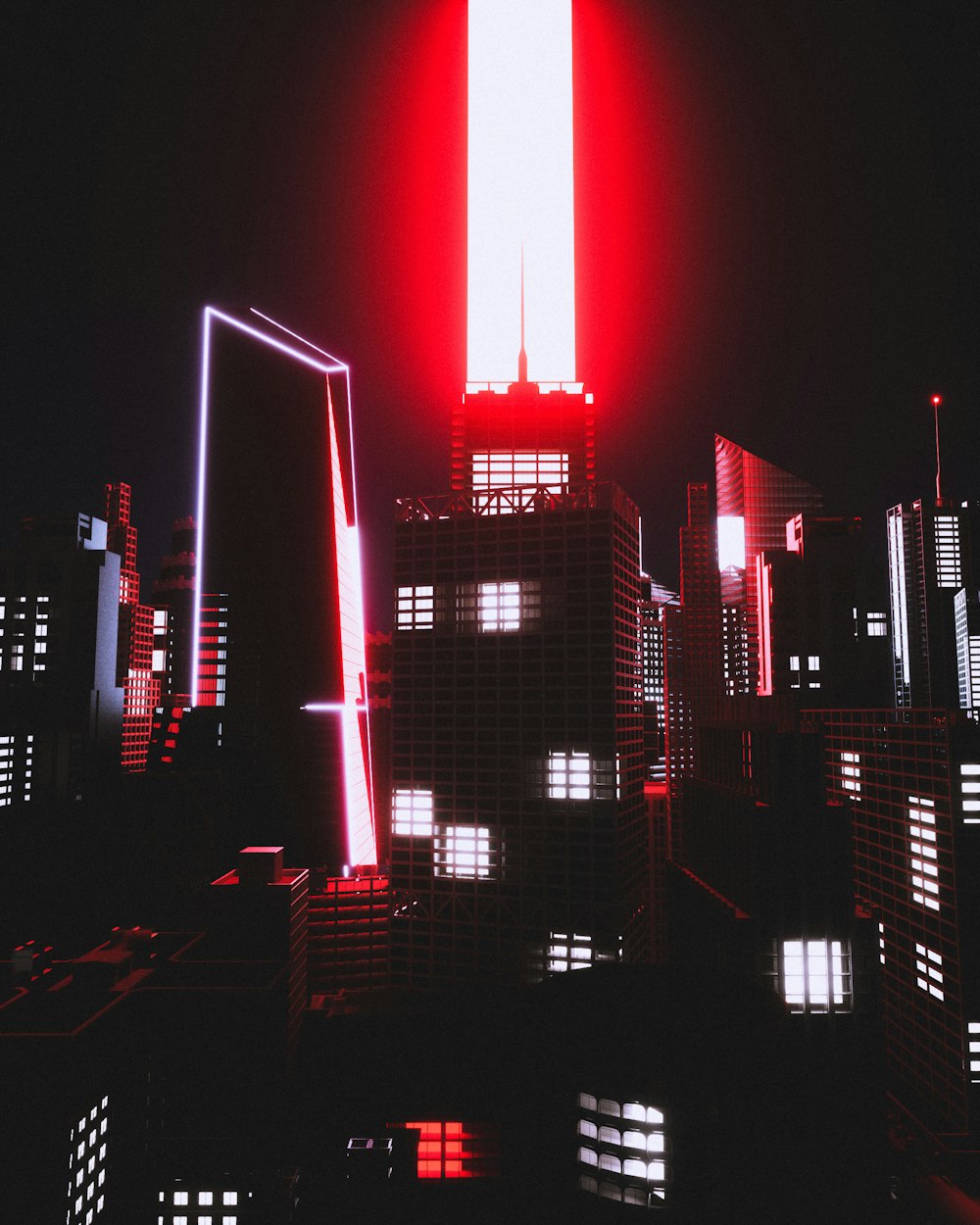 a red and white light shines on a city at night