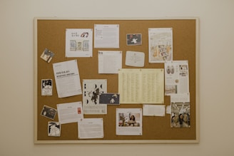 A cork bulletin board attached to a wall, filled with various documents, images, and flyers pinned. The contents include photos, printed text pages, graphic illustrations, and lists. Several sheets are loosely organized and thumbtacked to the board.