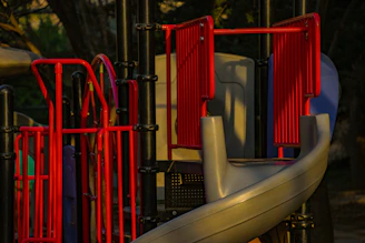 A warm wooden playground structure surrounded by green trees on a sunny day.
