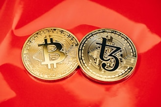 Two gold coins are placed on a glossy red surface, featuring the symbols for Bitcoin and Tezos. The coins are intricately designed with digital circuit patterns, symbolizing their status as cryptocurrencies.