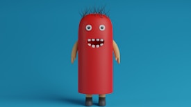 A whimsical, cartoonish character with a cylindrical, red body resembling a hot dog stands against a blue background. It has googly eyes, a wide open mouth with a few white teeth, spiky black hair, and tan-colored arms and brown shoes.