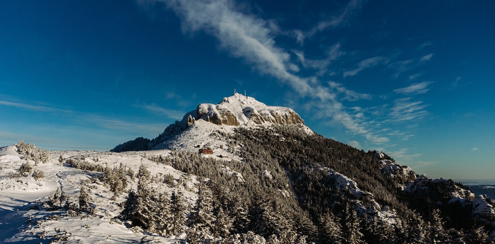 uma montanha coberta de neve com um fundo do céu