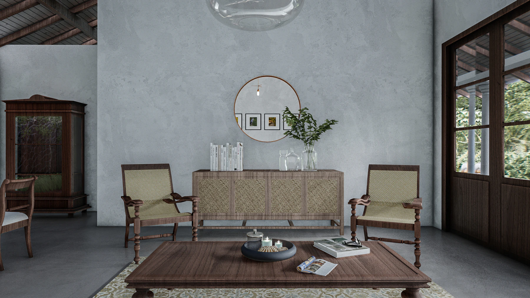 Refined living room with round wall mirror, natural wood furniture and neutral architectural finishes