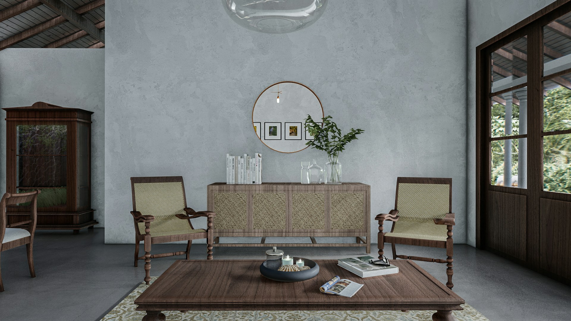 a living room filled with furniture and a round mirror