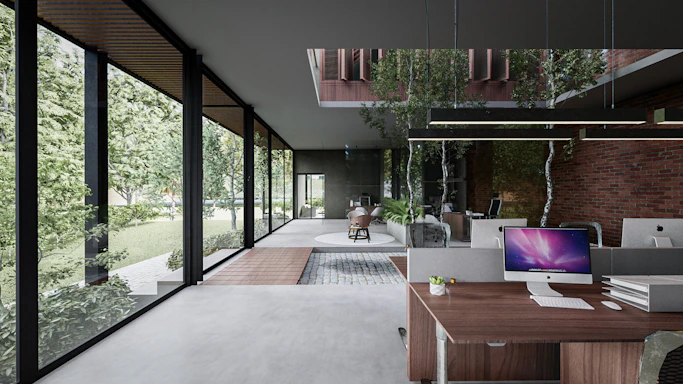 A serene workspace overlooking a lush Belarusian forest, with natural light highlighting minimalist design elements.