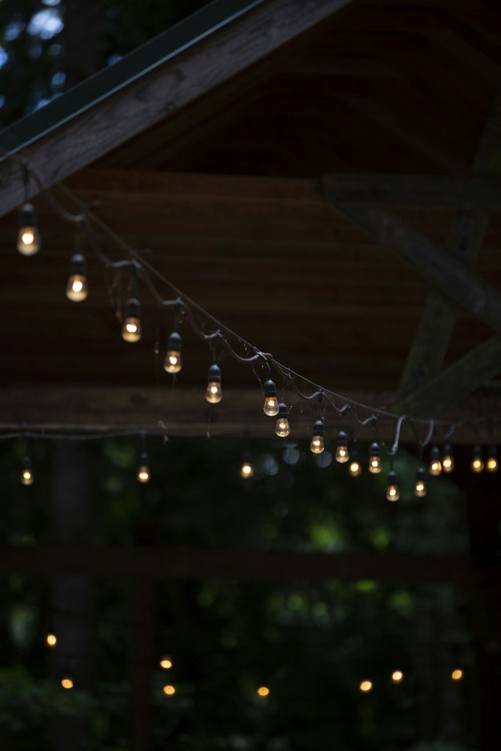 a bunch of lights that are hanging from a roof