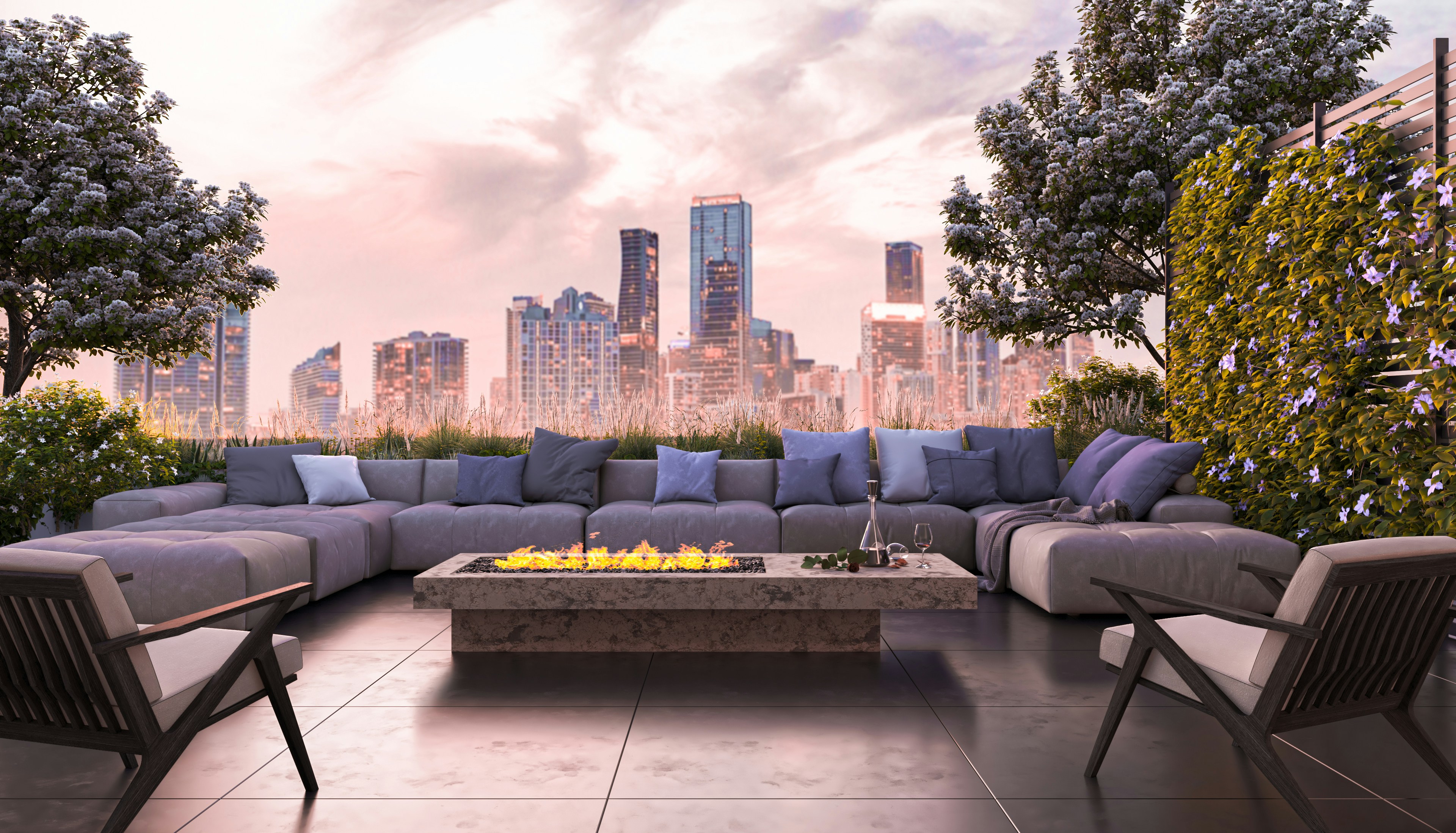 a living room filled with furniture and a fire pit