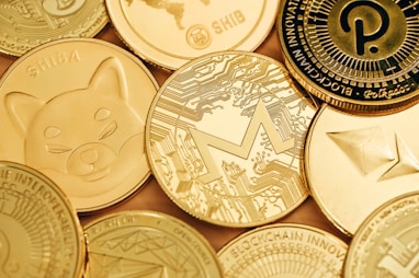 a close up of a pile of gold coins