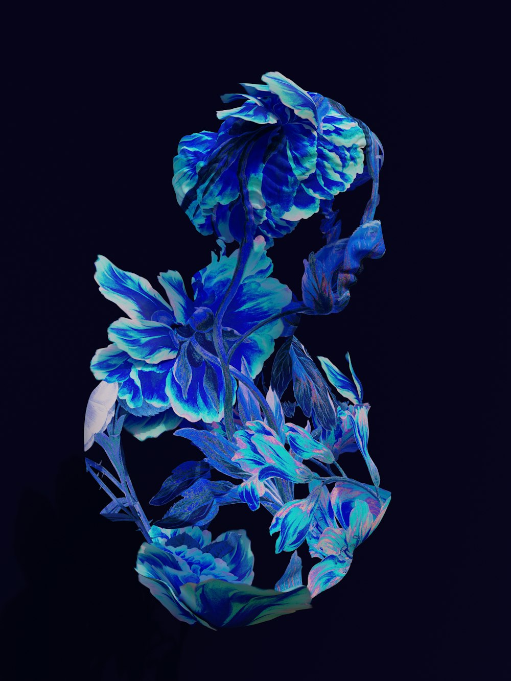 uma flor azul em um fundo preto