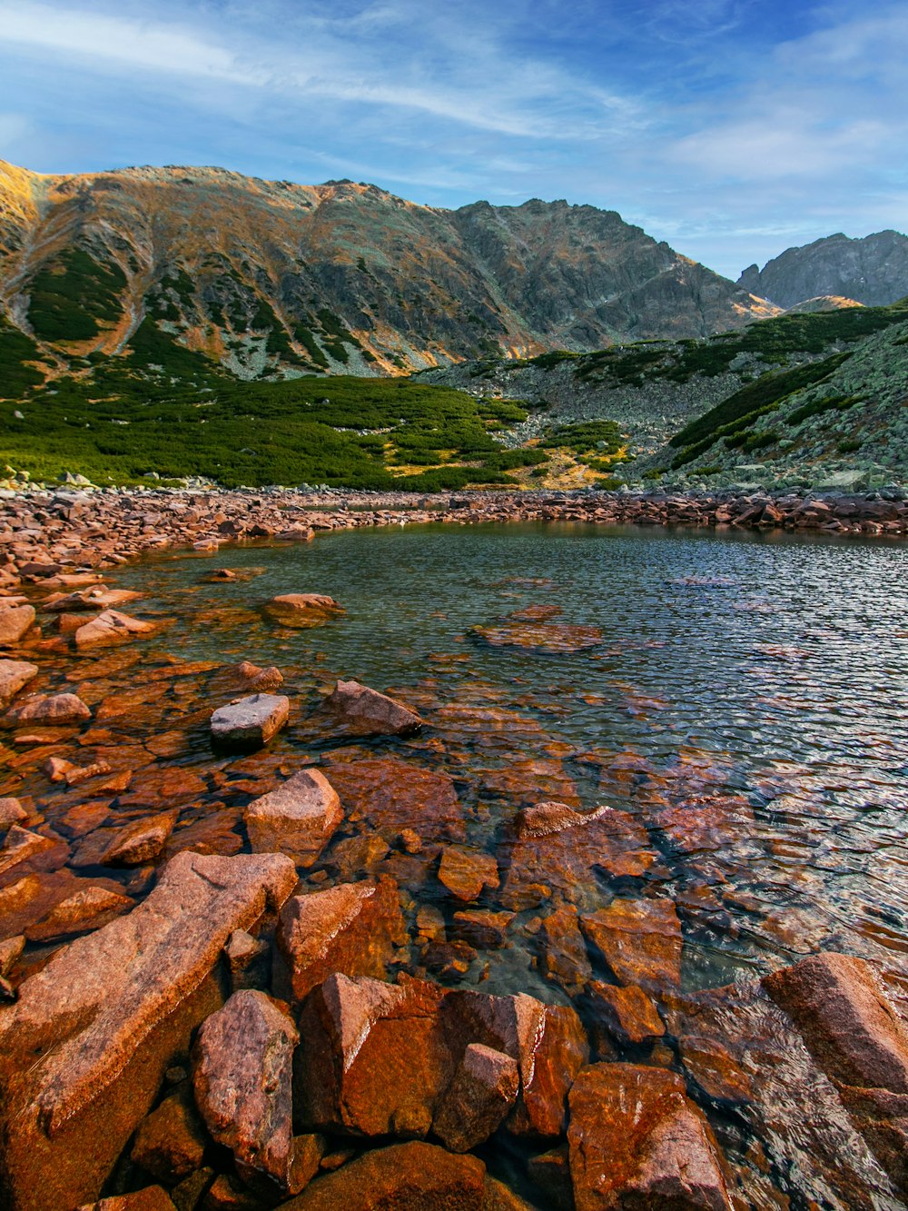 a lake surrounded by mountains and rocks under a blue sky