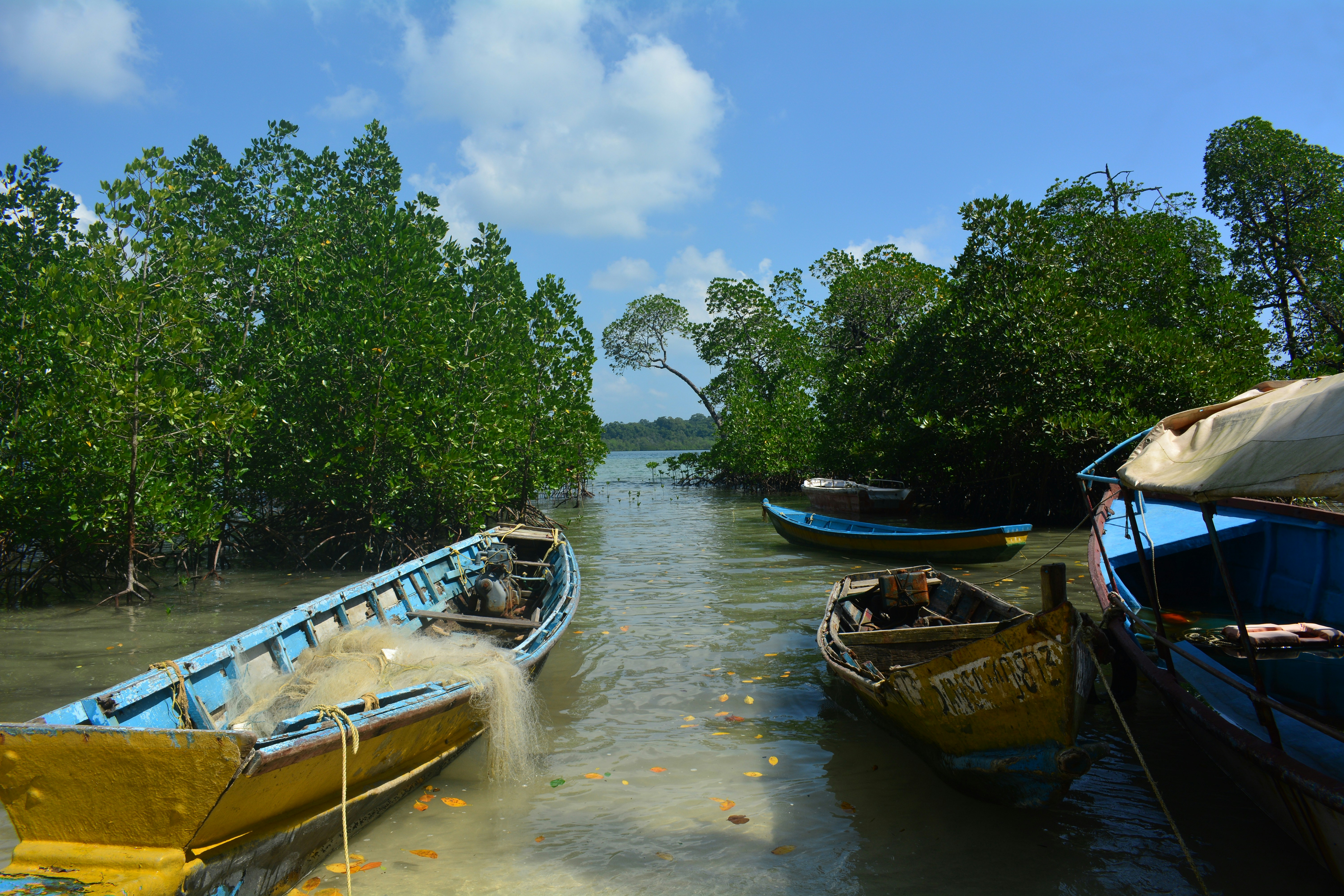 a group of boats floating on top of a river