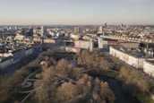 an aerial view of a city with a river running through it