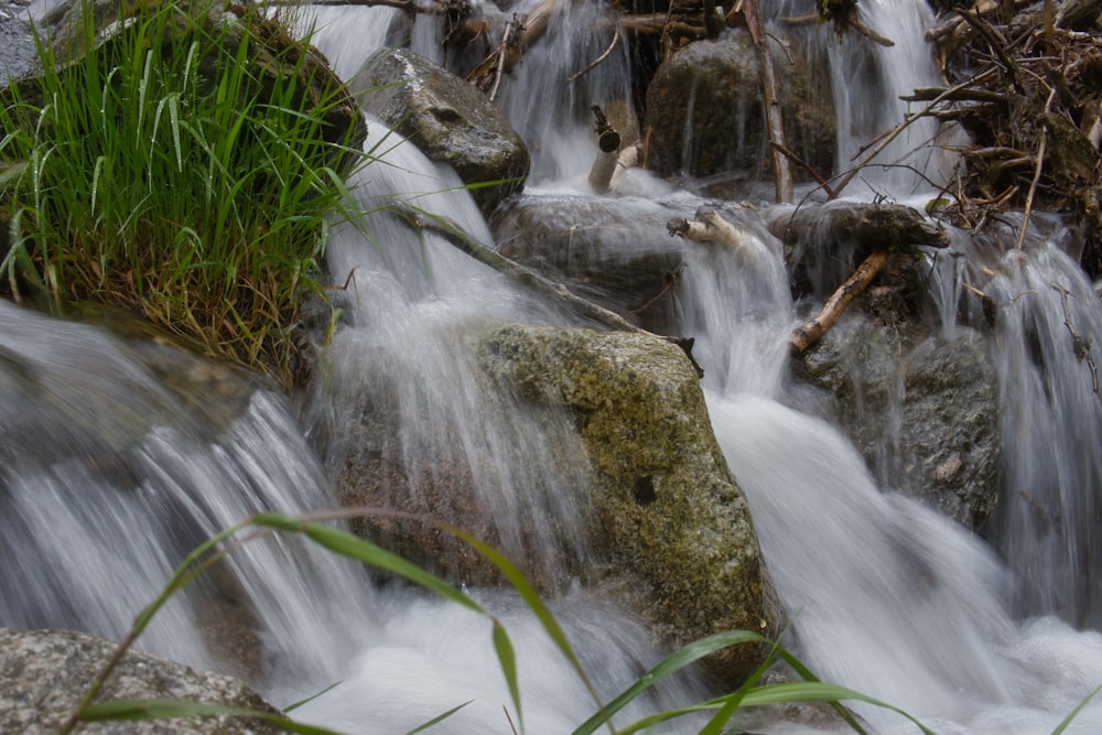 a stream of water running over rocks and grass