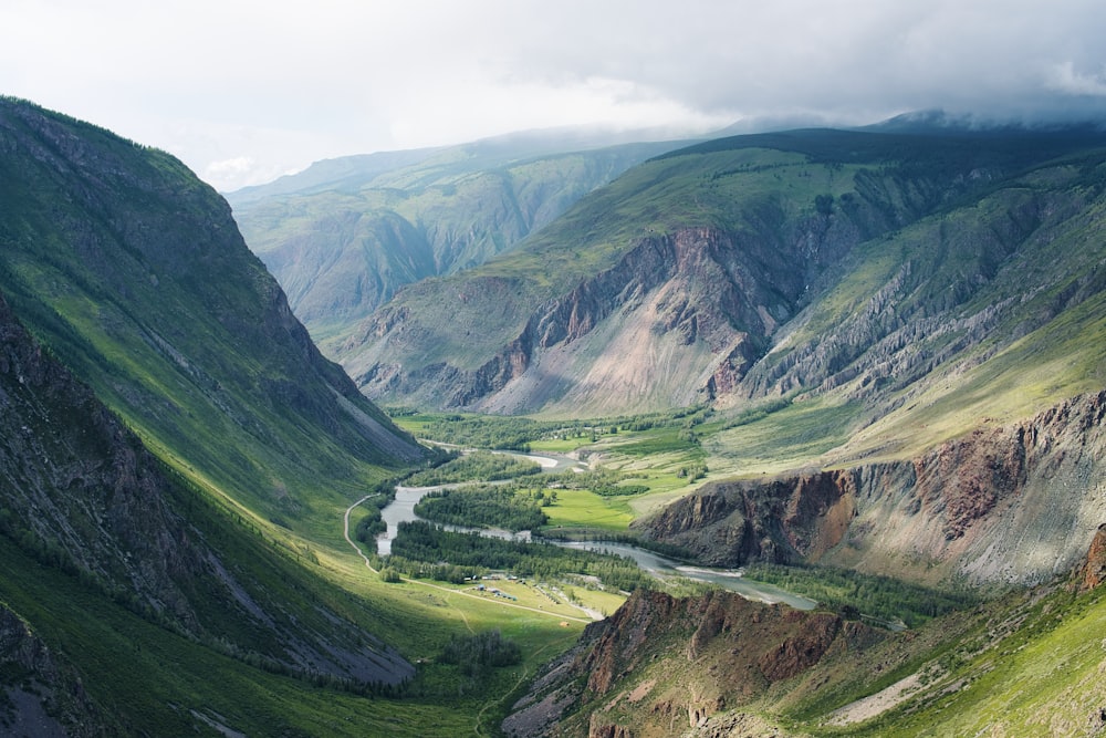 a valley in the mountains with a river running through it