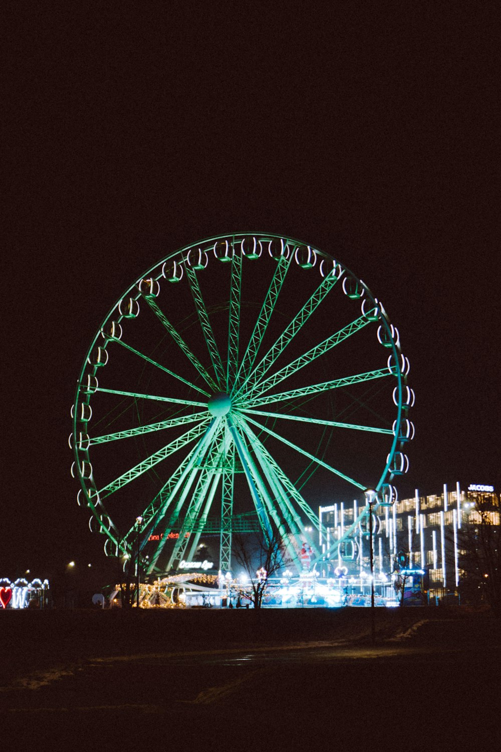 a large ferris wheel lit up at night